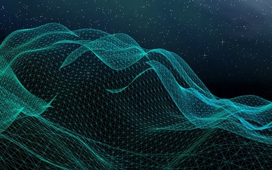 Star horizon. Abstract landscape on a dark background. Cyberspace grid. Hi-tech network. Outer space. Starry outer space texture. 3D illustration