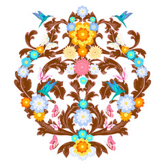 fancy arabesque with flowers and hummingbirds for your design