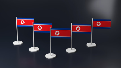Flags of America and Korea on the racks. Miniature icons on the table, 3D.