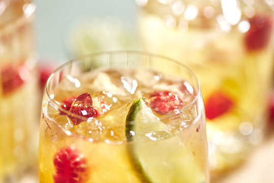 Close-up of tasty and sweet fermented tea with raspberry and lim