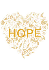 HOPE on flora heart shape hand drawing illustration on white background