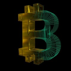 Bitcoin sign, gold turns into a green grid on a black background. 3D illustration