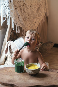 Little Kid Having Healthy Raw Veggie Breakfast At Home