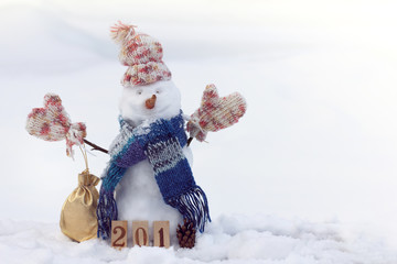 congratulations on the holiday cheerful snowman in warm clothes in winter