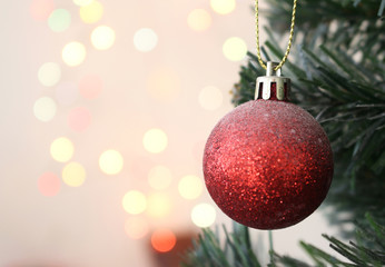 christmas tree with decorations ball gift with light bokeh background