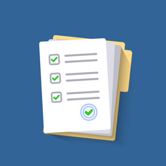Paper checklist isolated. Stack of paperwork icon. Pile of documents. Exam form. Folder and stack of white papers. Vector illustration in flat design.