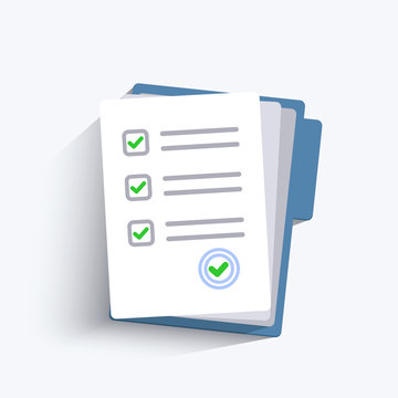 Paper Checklist Isolated. Stack Of Paperwork Icon. Pile Of Documents. Exam Form. Folder And Stack Of White Papers. Vector Illustration In Flat Design.