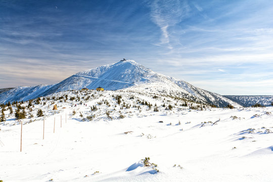 The peak of the Snezka Mountain in the Krkonose Mountains during winter. Poland.