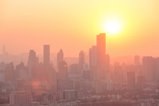 Nanjing, China. Severe Air Pollution, Haze And Poor Visibility Make The Tall Buildings In The City Hard To See Clearly