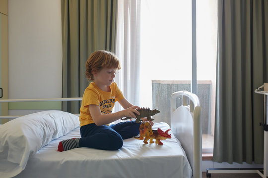 Child Patient Playing With Toy Dinosaur In A Hospital Room