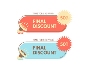 Sale and special offer. 50% off. Megaphone with bubble speech. Concept for promotion and advertising. Sticker for best stock sales. Vector illustration for design or print.