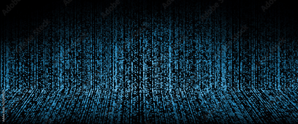 Poster Big data background concept. Large amount of binary data in a form of product showcase room. with blue glow light on wall and floor side. For advertising, displaying technology items