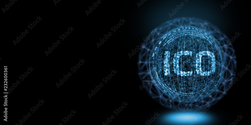Poster initial coin offering global concept. glowing binary text with wire mesh surrounding to reflect larg