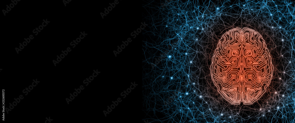 Poster artificial cybernetic circuit brain inside human nerves system (top view). concept of combining bio 
