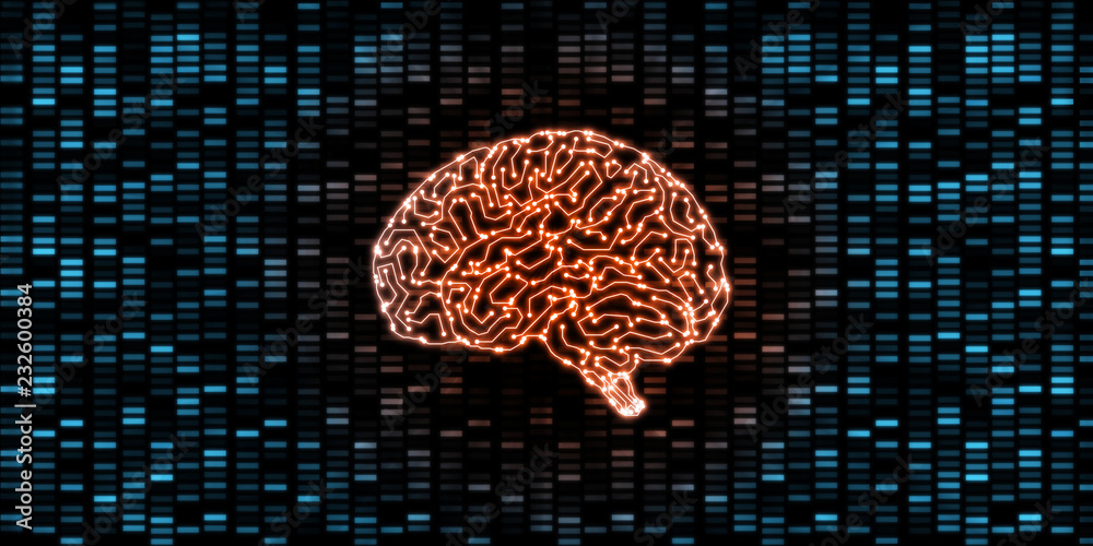 Poster artificial cybernetic circuit brain inside human nerves system (side view). concept of combining bio