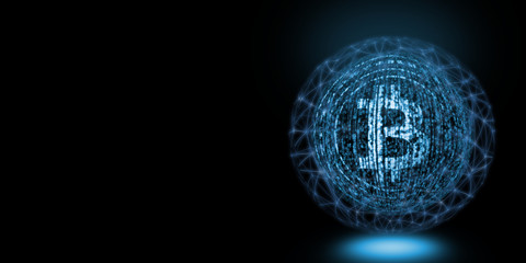 Bitcoin global concept. BTC created from glowing binary text with wire mesh surrounding to reflect large scale blockchain processing across world through network collaboration. 3D Rendering