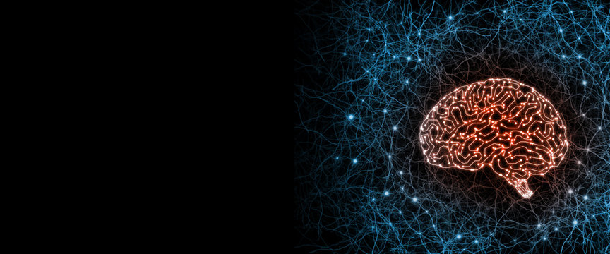Artificial cybernetic circuit brain inside human nerves system (side view). Concept of combining bio organism with high technology to create artificial intelligence (AI). With copy space available