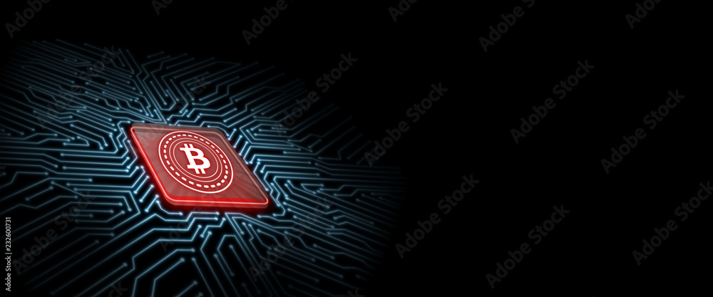 Poster bitcoin led glow on red computer chip with circuit board background. concept of microchip technology