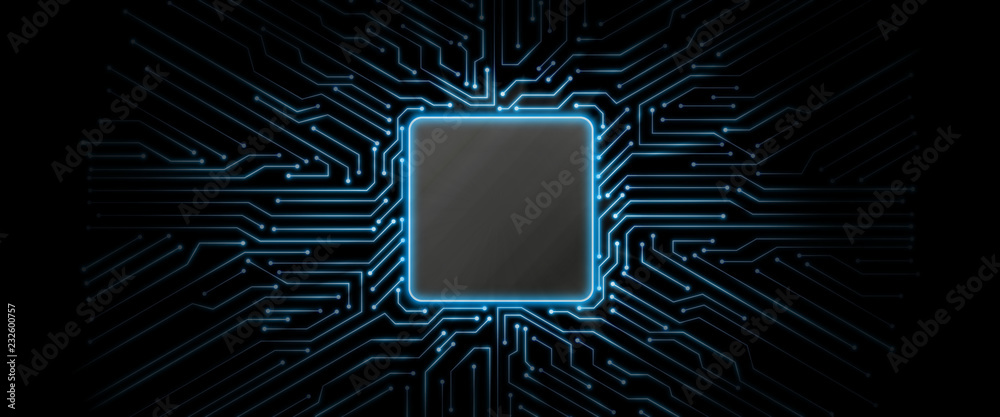 Fototapete abstract blue glowing circuit board background with copy space at center for your text, logo or prod