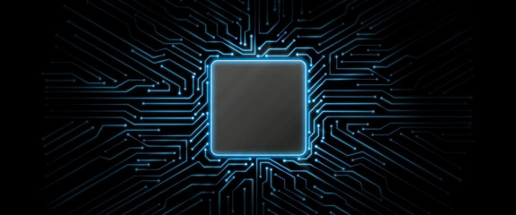 Abstract blue glowing circuit board background with copy space at center for your text, logo or products. Perfect for Artificial Intelligence, Technology, Crypto Currency concept.