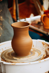 Pottery Craft Wheel And Ceramic Clay Pot. Traditional New Handma