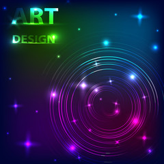 The effect of the magical shine of glowing neon rings on a dark background. Music design. Vector illustration.
