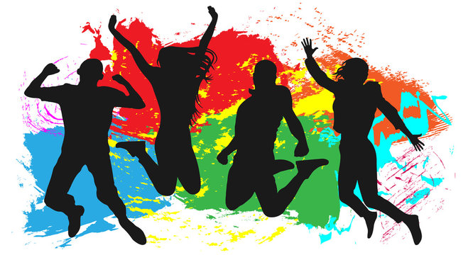 Youth in a jump colored. Cheerful man and woman isolated. Jumping friends colorful background. Vector silhouette