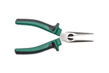 Long nose pliers with black and green isolated handles on white background. Tool isolated on white,...