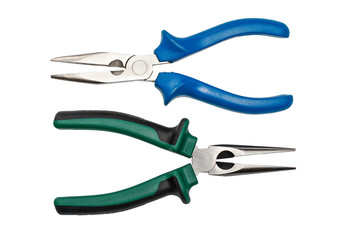 Two different ong nose pliers with black and green isolated handles on white background. Tools isolated on white, top view.