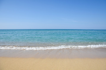 Fototapeta na wymiar Tropical beach with turquoise clear water. Summer sandy beach with a blue sea water