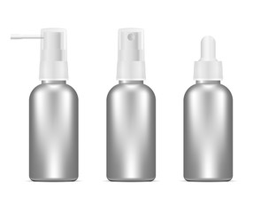 Silver bottles set for cosmetics or medical needs. Sprayer and dropper jars with white caps.