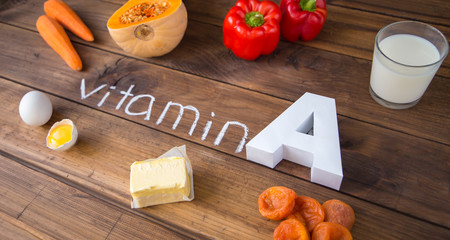 Food sources of natural vitamin A. Top view. Healthy diet concept