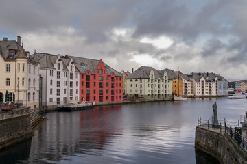 Norwegian great city view to Alesund with coast and stunning sun impressions