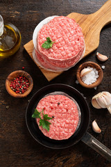 Raw Ground beef meat Burger steak cutlets  on dark wooden background.