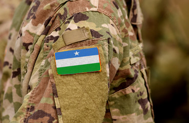 Puntland State of Somalia flag on soldiers arm. Puntland army (collage)
