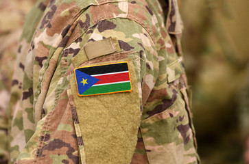 South Sudan flag on soldiers arm. Republic of South Sudan troops (collage)