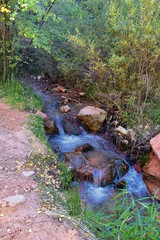 Fototapeta premium Kanarraville Falls, views from along the hiking trail of falls, stream, river, sandstone cliff formations Waterfall in Kanarra Creek Canyon by Zion National Park, Utah, USA.