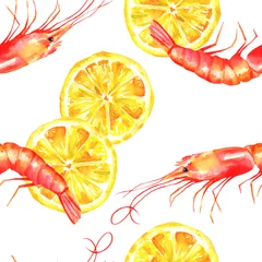 Tapeten Zitronen Ein nahtloses Aquarellmuster mit Garnelen und Zitronen auf weißem Hintergrund, ein frischer Meeresfrüchte-Wiederholungsdruck
