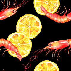 A seamless watercolor pattern with shrimps and lemons on a black background, a fresh seafood repeat print