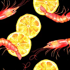 Fototapete Zitronen Ein nahtloses Aquarellmuster mit Garnelen und Zitronen auf schwarzem Hintergrund, ein frischer Meeresfrüchte-Wiederholungsdruck