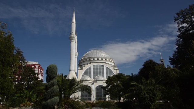 Mosque, Xhamia e Madhe. Center of Shkoder city in north Albania. People, street, landmarks and architecture in Shkodra. 