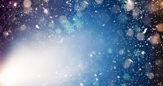 abstract Christmas background with holiday lights and copy space - magic bokeh glitter with blinking stars and falling snowflakes