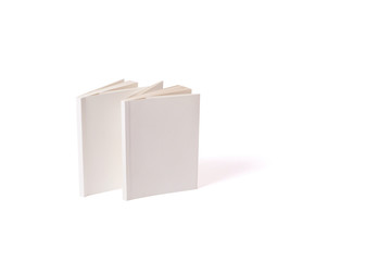 Two small white paperbacks stand on a white surface on the left. Can be used for mock-ups. Back of a books. Book cover. Standing opened mockup book. Side view.