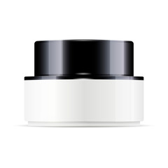 Jar for cosmetics or medicine: cream, salt, ointment, powder, with white base and black lid. Cosmetics package mockup. HQ vector illustration.