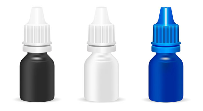 Set of different color medicine dropper bottles. Blank plastic eyedropper containers. HQ EPS10 vector mockup.