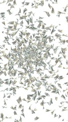 Flying dollars banknotes isolated on a white background. Money is flying in the air. 100 US banknotes new sample. 3D illustration