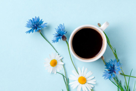 Spring background. Cornflowers, chamomile and a cup of hot coffee on a blue background. Top view