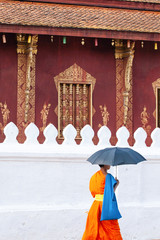 Laotian Buddhist novice monk walking past ancient temple in Luang Prabang.