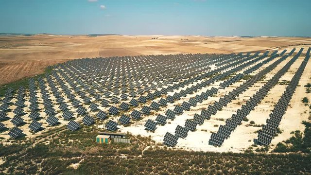 Aerial view of solar panels generating electricity. Andalusia, Spain