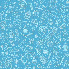 Merry Christmas. Vector seamless pattern  in doodle style. Blue 